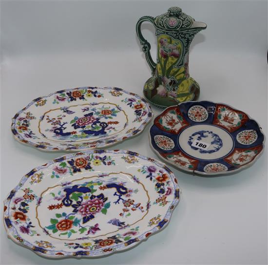 A Japanese Moriage lidded jug, two stone china dishes and an Imari plate